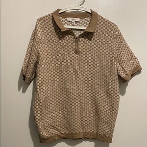 River Island Men’s Tan Patterned Polo Shirt with Zip Collar